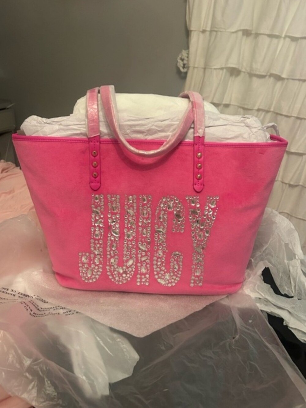 Vintage NWT Juicy Couture Pink Velour Tote Bag with Rhinestones